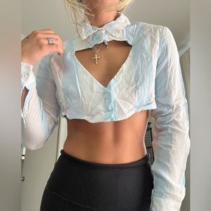 Carmar- cropped button down blue and white striped top